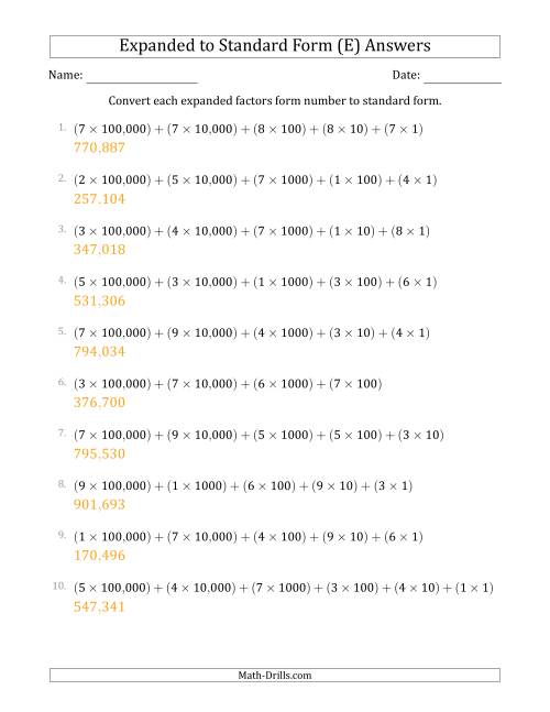 The Converting Expanded Factors Form Numbers to Standard Form (6-Digit Numbers) (US/UK) (E) Math Worksheet Page 2