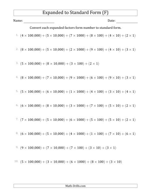 The Converting Expanded Factors Form Numbers to Standard Form (6-Digit Numbers) (US/UK) (F) Math Worksheet