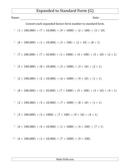 The Converting Expanded Factors Form Numbers to Standard Form (6-Digit Numbers) (US/UK) (G) Math Worksheet