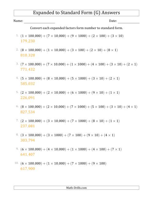 The Converting Expanded Factors Form Numbers to Standard Form (6-Digit Numbers) (US/UK) (G) Math Worksheet Page 2