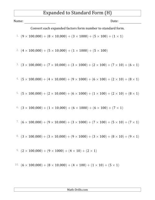 The Converting Expanded Factors Form Numbers to Standard Form (6-Digit Numbers) (US/UK) (H) Math Worksheet