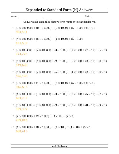 The Converting Expanded Factors Form Numbers to Standard Form (6-Digit Numbers) (US/UK) (H) Math Worksheet Page 2