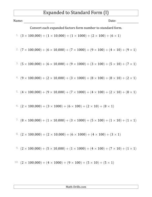 The Converting Expanded Factors Form Numbers to Standard Form (6-Digit Numbers) (US/UK) (I) Math Worksheet