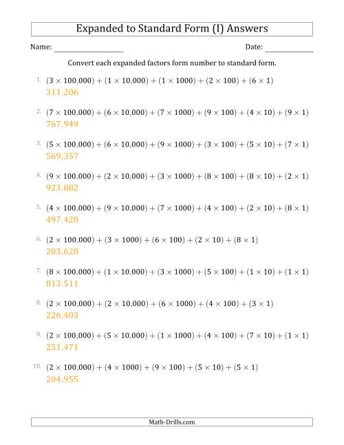 The Converting Expanded Factors Form Numbers to Standard Form (6-Digit Numbers) (US/UK) (I) Math Worksheet Page 2