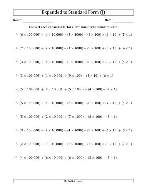The Converting Expanded Factors Form Numbers to Standard Form (6-Digit Numbers) (US/UK) (J) Math Worksheet
