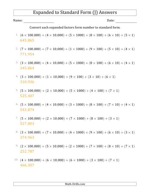 The Converting Expanded Factors Form Numbers to Standard Form (6-Digit Numbers) (US/UK) (J) Math Worksheet Page 2