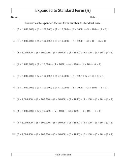 The Converting Expanded Factors Form Numbers to Standard Form (7-Digit Numbers) (US/UK) (A) Math Worksheet