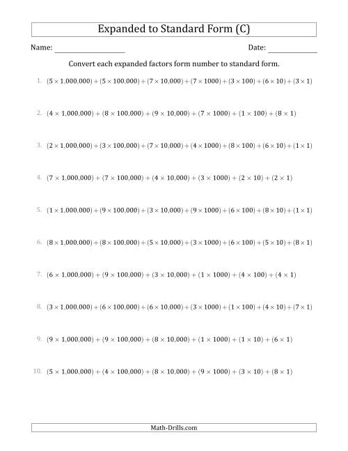 The Converting Expanded Factors Form Numbers to Standard Form (7-Digit Numbers) (US/UK) (C) Math Worksheet