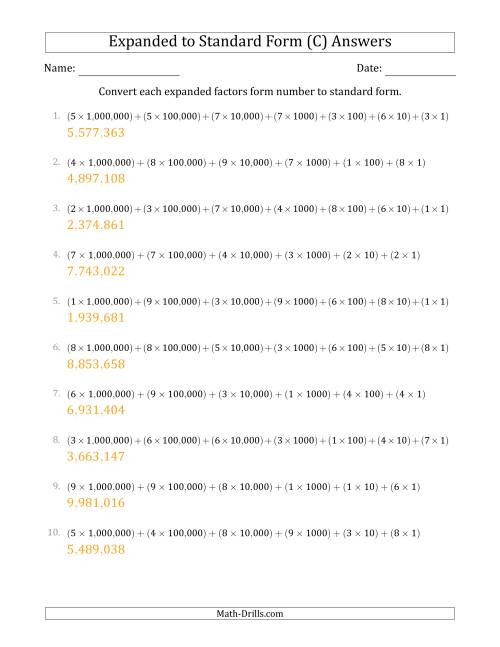 The Converting Expanded Factors Form Numbers to Standard Form (7-Digit Numbers) (US/UK) (C) Math Worksheet Page 2