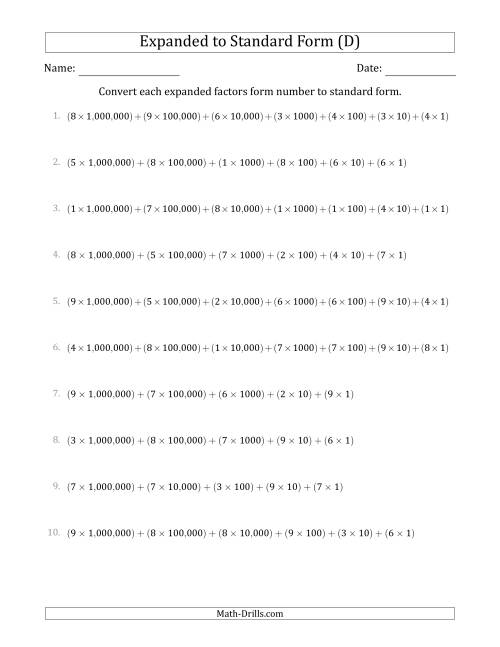 The Converting Expanded Factors Form Numbers to Standard Form (7-Digit Numbers) (US/UK) (D) Math Worksheet