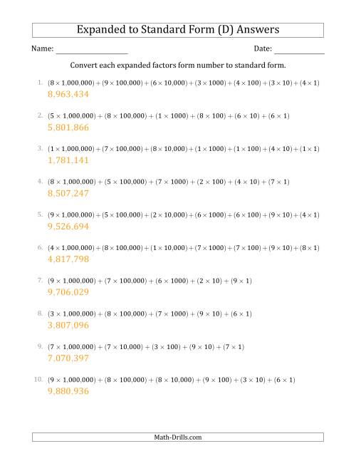 The Converting Expanded Factors Form Numbers to Standard Form (7-Digit Numbers) (US/UK) (D) Math Worksheet Page 2