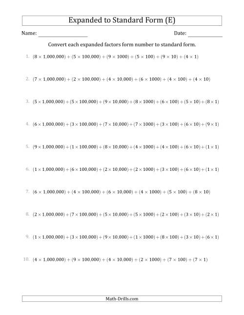 The Converting Expanded Factors Form Numbers to Standard Form (7-Digit Numbers) (US/UK) (E) Math Worksheet
