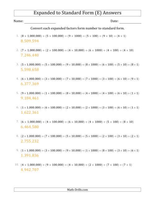 The Converting Expanded Factors Form Numbers to Standard Form (7-Digit Numbers) (US/UK) (E) Math Worksheet Page 2