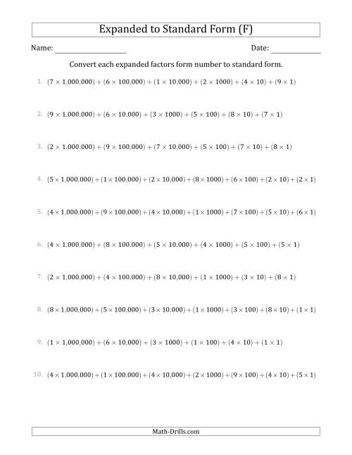 The Converting Expanded Factors Form Numbers to Standard Form (7-Digit Numbers) (US/UK) (F) Math Worksheet