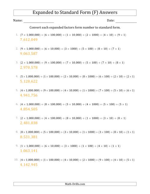 The Converting Expanded Factors Form Numbers to Standard Form (7-Digit Numbers) (US/UK) (F) Math Worksheet Page 2
