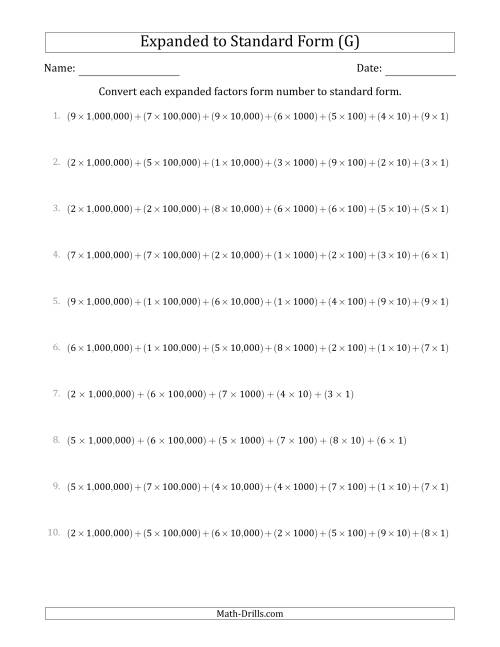 The Converting Expanded Factors Form Numbers to Standard Form (7-Digit Numbers) (US/UK) (G) Math Worksheet