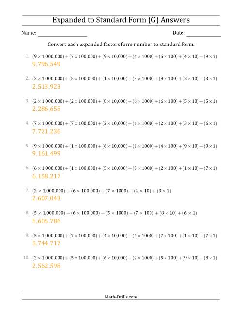 The Converting Expanded Factors Form Numbers to Standard Form (7-Digit Numbers) (US/UK) (G) Math Worksheet Page 2