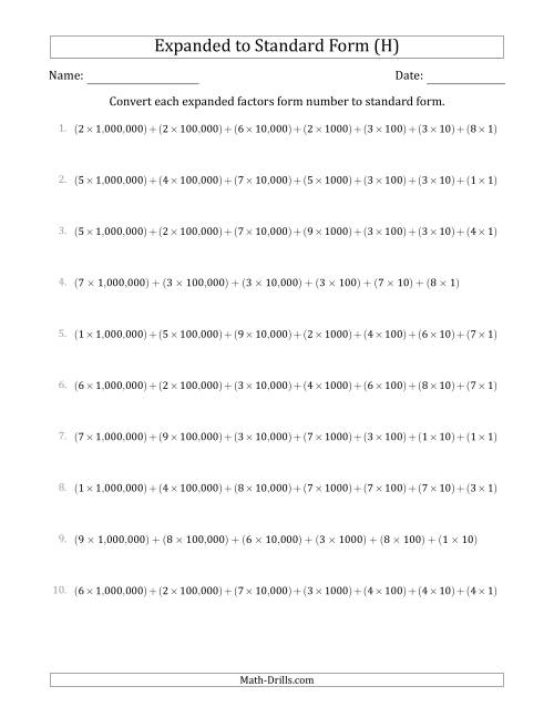 The Converting Expanded Factors Form Numbers to Standard Form (7-Digit Numbers) (US/UK) (H) Math Worksheet