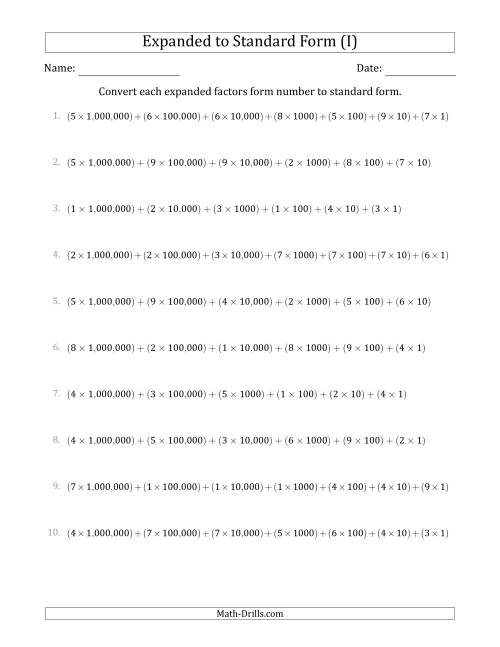 The Converting Expanded Factors Form Numbers to Standard Form (7-Digit Numbers) (US/UK) (I) Math Worksheet