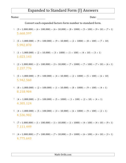 The Converting Expanded Factors Form Numbers to Standard Form (7-Digit Numbers) (US/UK) (I) Math Worksheet Page 2