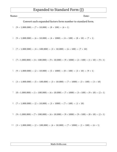 The Converting Expanded Factors Form Numbers to Standard Form (7-Digit Numbers) (US/UK) (J) Math Worksheet