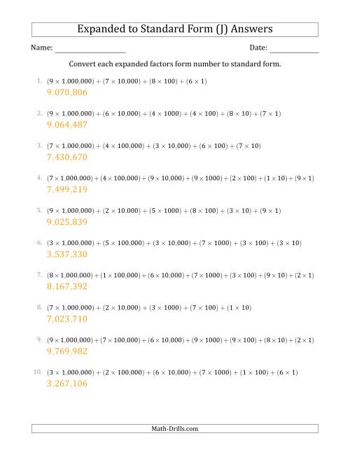 The Converting Expanded Factors Form Numbers to Standard Form (7-Digit Numbers) (US/UK) (J) Math Worksheet Page 2