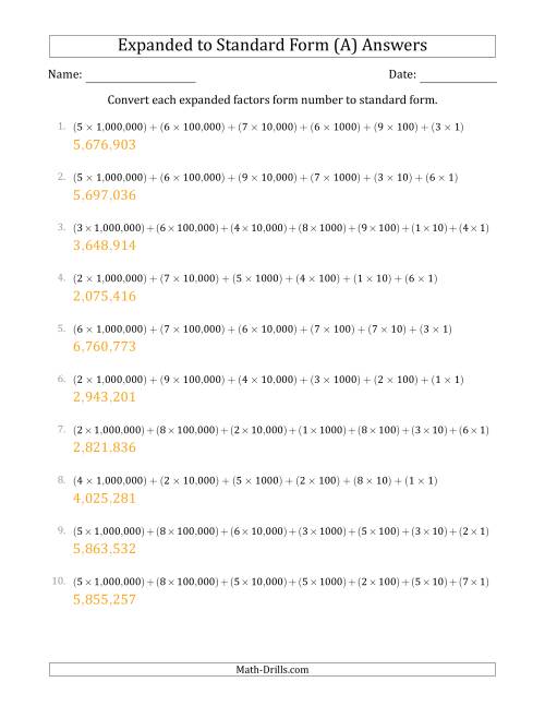 The Converting Expanded Factors Form Numbers to Standard Form (7-Digit Numbers) (US/UK) (All) Math Worksheet Page 2