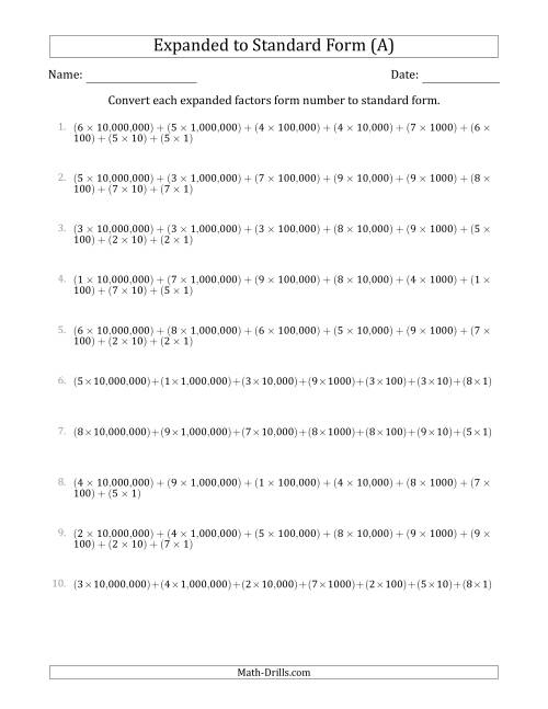 The Converting Expanded Factors Form Numbers to Standard Form (8-Digit Numbers) (US/UK) (A) Math Worksheet