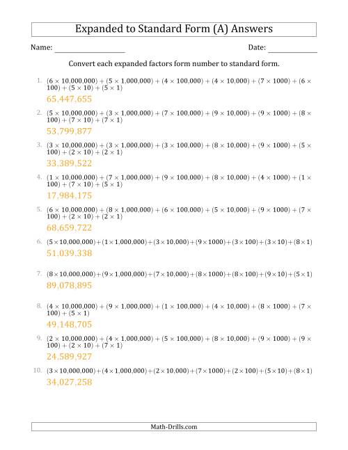 The Converting Expanded Factors Form Numbers to Standard Form (8-Digit Numbers) (US/UK) (A) Math Worksheet Page 2