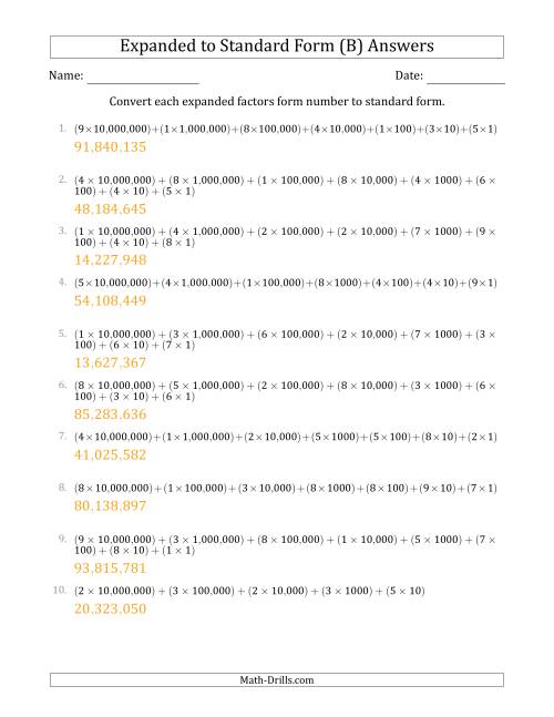 The Converting Expanded Factors Form Numbers to Standard Form (8-Digit Numbers) (US/UK) (B) Math Worksheet Page 2