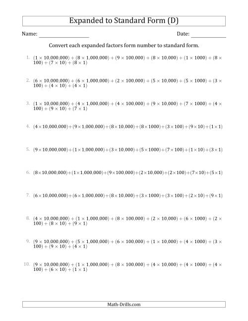 The Converting Expanded Factors Form Numbers to Standard Form (8-Digit Numbers) (US/UK) (D) Math Worksheet