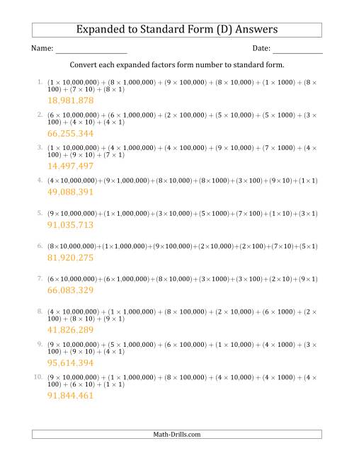 The Converting Expanded Factors Form Numbers to Standard Form (8-Digit Numbers) (US/UK) (D) Math Worksheet Page 2