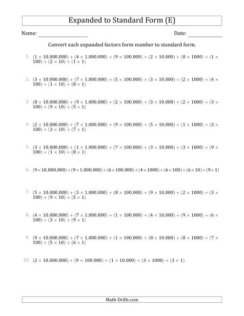 The Converting Expanded Factors Form Numbers to Standard Form (8-Digit Numbers) (US/UK) (E) Math Worksheet