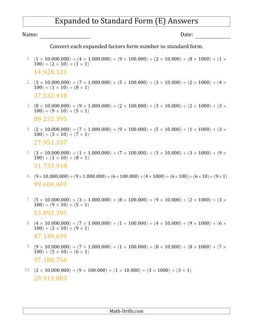 The Converting Expanded Factors Form Numbers to Standard Form (8-Digit Numbers) (US/UK) (E) Math Worksheet Page 2