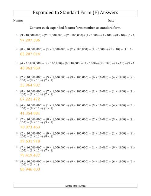 The Converting Expanded Factors Form Numbers to Standard Form (8-Digit Numbers) (US/UK) (F) Math Worksheet Page 2