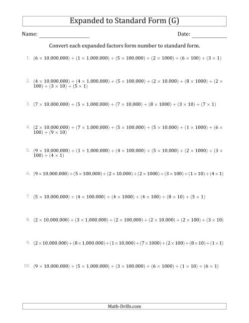 The Converting Expanded Factors Form Numbers to Standard Form (8-Digit Numbers) (US/UK) (G) Math Worksheet