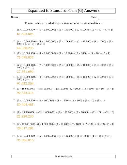 The Converting Expanded Factors Form Numbers to Standard Form (8-Digit Numbers) (US/UK) (G) Math Worksheet Page 2