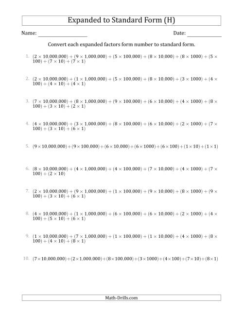 The Converting Expanded Factors Form Numbers to Standard Form (8-Digit Numbers) (US/UK) (H) Math Worksheet