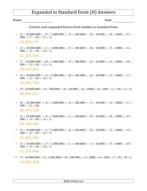 The Converting Expanded Factors Form Numbers to Standard Form (8-Digit Numbers) (US/UK) (H) Math Worksheet Page 2