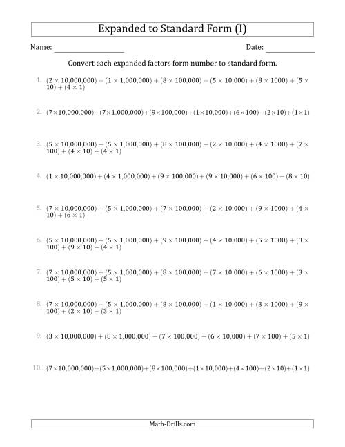 The Converting Expanded Factors Form Numbers to Standard Form (8-Digit Numbers) (US/UK) (I) Math Worksheet