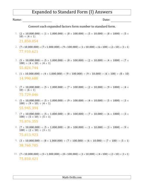 The Converting Expanded Factors Form Numbers to Standard Form (8-Digit Numbers) (US/UK) (I) Math Worksheet Page 2
