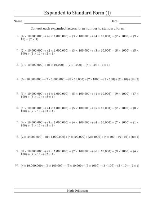 The Converting Expanded Factors Form Numbers to Standard Form (8-Digit Numbers) (US/UK) (J) Math Worksheet