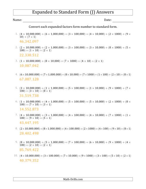 The Converting Expanded Factors Form Numbers to Standard Form (8-Digit Numbers) (US/UK) (J) Math Worksheet Page 2