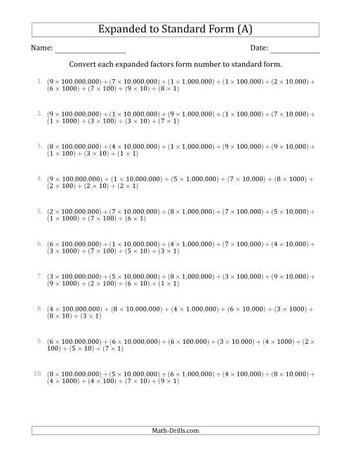 The Converting Expanded Factors Form Numbers to Standard Form (9-Digit Numbers) (US/UK) (A) Math Worksheet