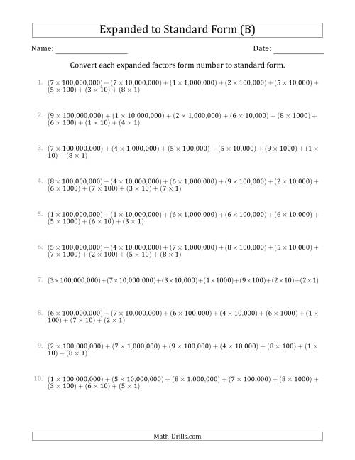 The Converting Expanded Factors Form Numbers to Standard Form (9-Digit Numbers) (US/UK) (B) Math Worksheet