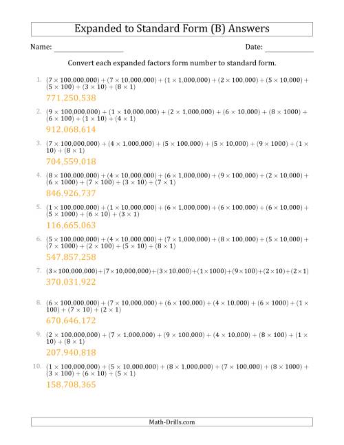 The Converting Expanded Factors Form Numbers to Standard Form (9-Digit Numbers) (US/UK) (B) Math Worksheet Page 2