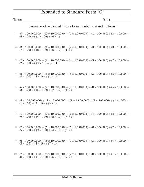The Converting Expanded Factors Form Numbers to Standard Form (9-Digit Numbers) (US/UK) (C) Math Worksheet
