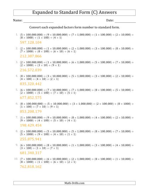 The Converting Expanded Factors Form Numbers to Standard Form (9-Digit Numbers) (US/UK) (C) Math Worksheet Page 2