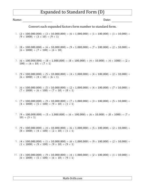 The Converting Expanded Factors Form Numbers to Standard Form (9-Digit Numbers) (US/UK) (D) Math Worksheet