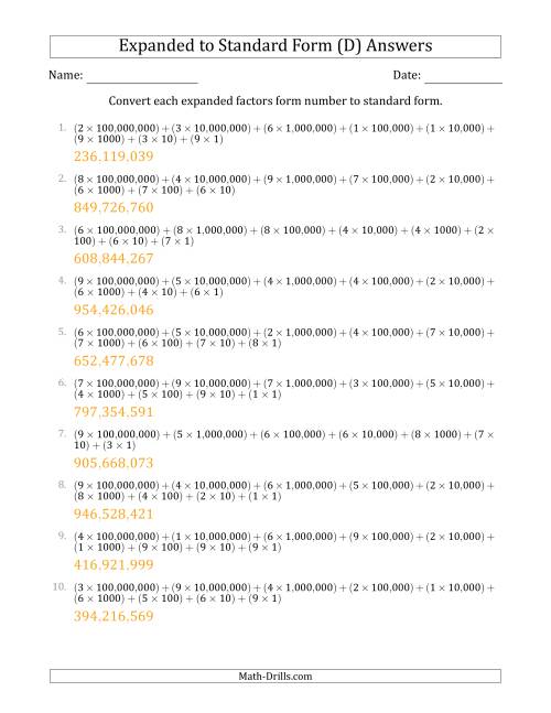 The Converting Expanded Factors Form Numbers to Standard Form (9-Digit Numbers) (US/UK) (D) Math Worksheet Page 2